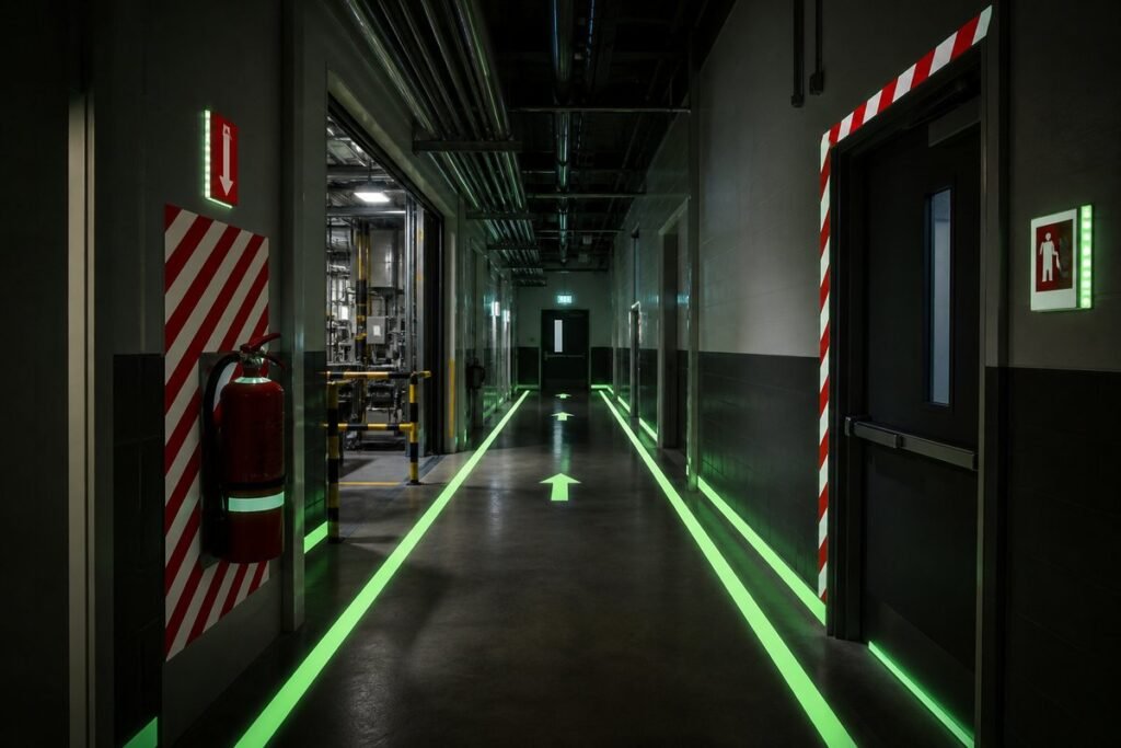 Photoluminescent escape route markings in an emergency corridor