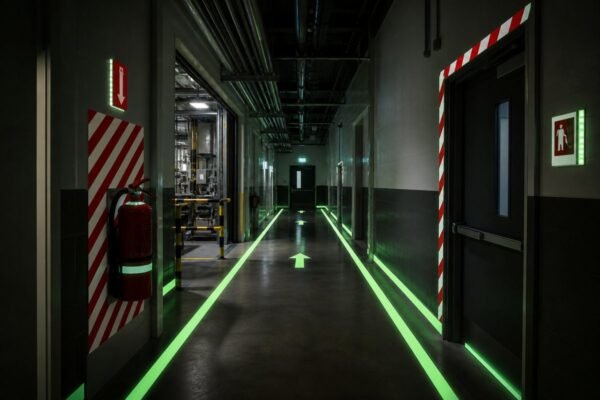 Photoluminescent escape route markings in an emergency corridor