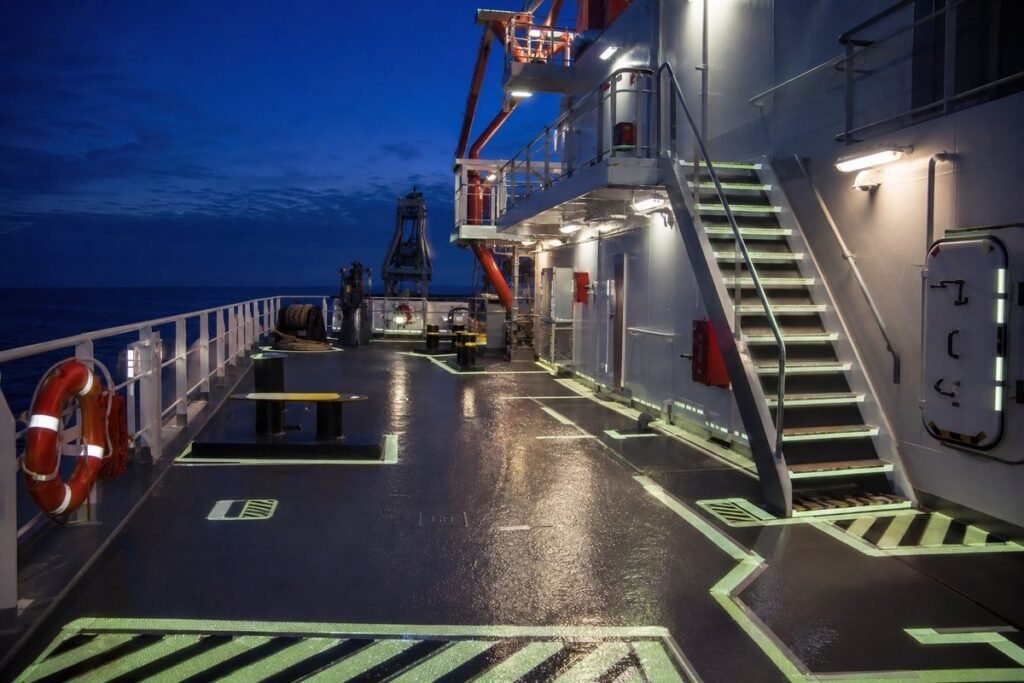 Reflective safety markings on a vessel and offshore working area at night