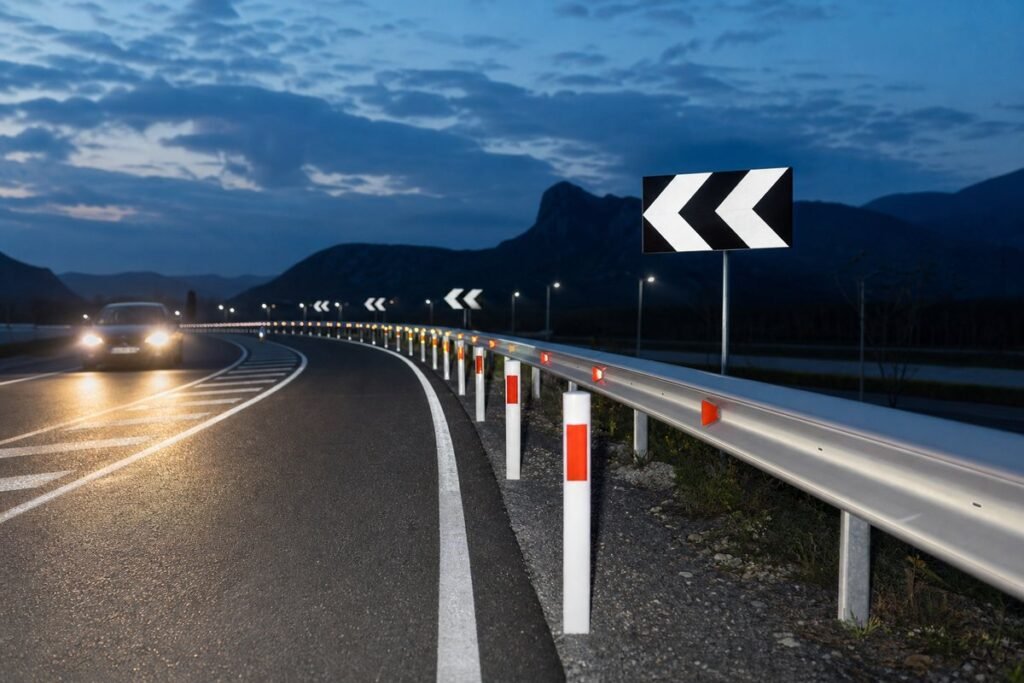 Reflective road signs and lane guidance at dusk