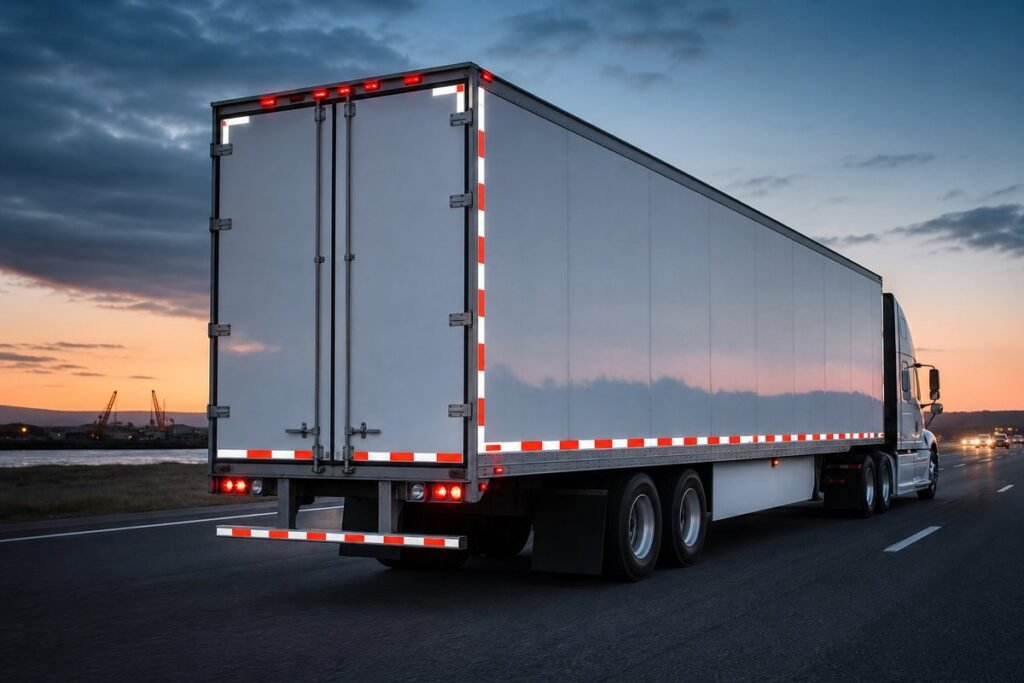 Reflective conspicuity markings on the rear of a truck