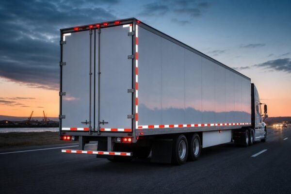 Reflective conspicuity markings on the rear of a truck