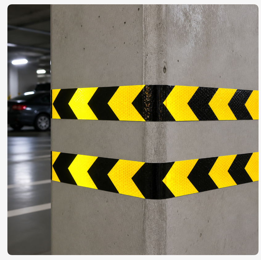 Illustrative yellow and black arrow reflective tape application on a column