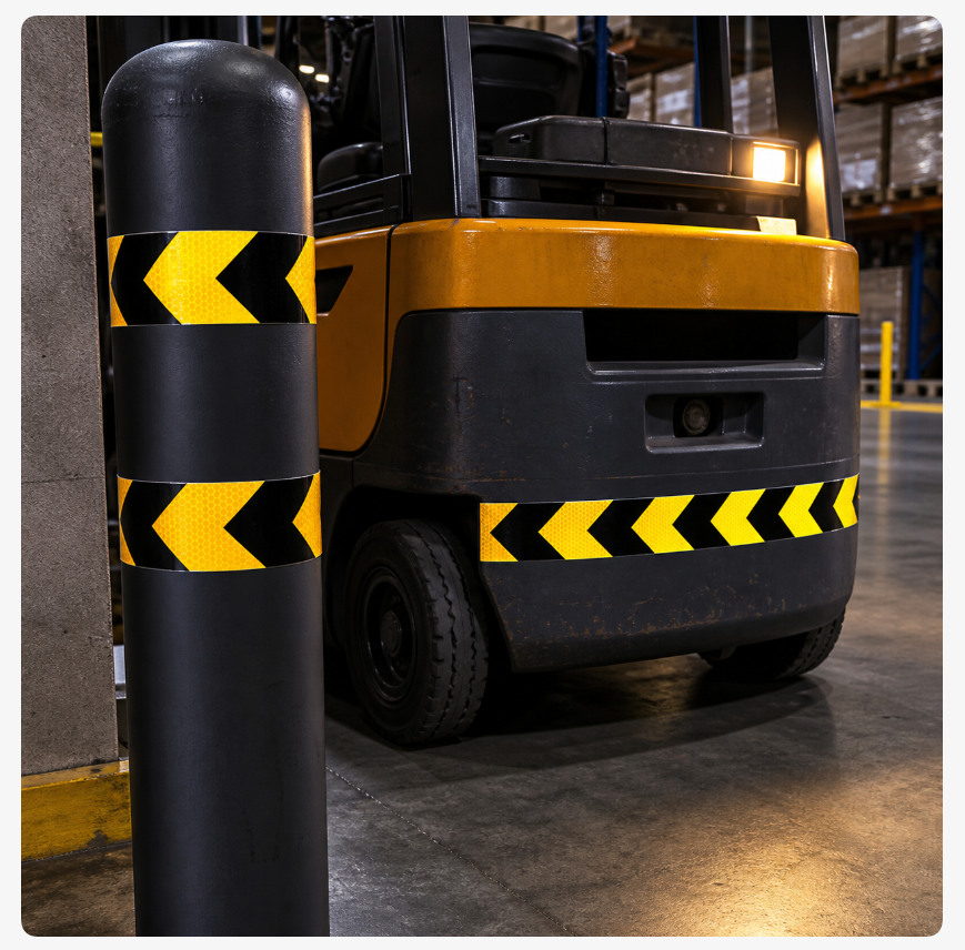 Illustrative yellow and black arrow reflective tape application on equipment