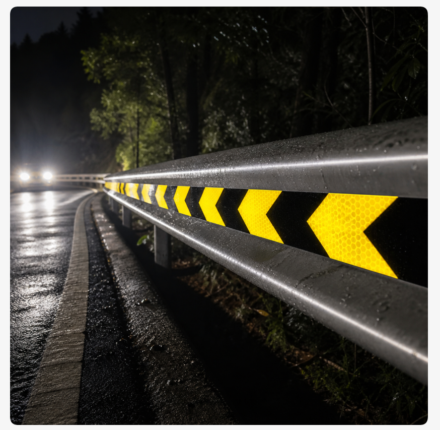 Illustrative yellow and black arrow reflective tape application on a guardrail