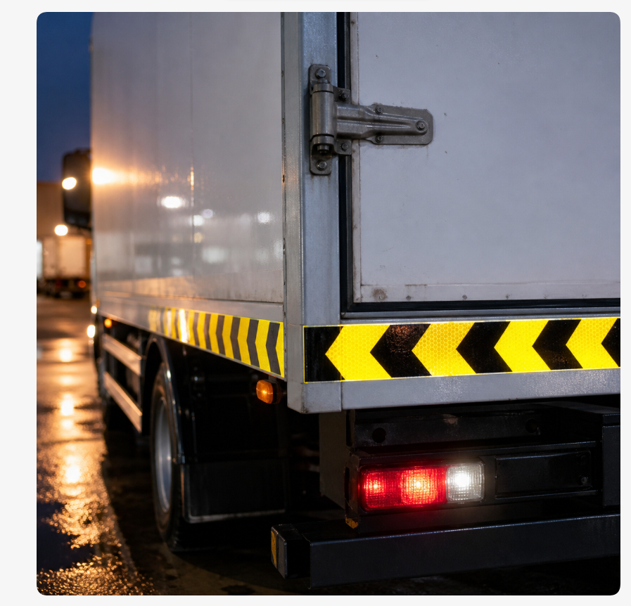 Illustrative yellow and black arrow reflective tape application on a truck