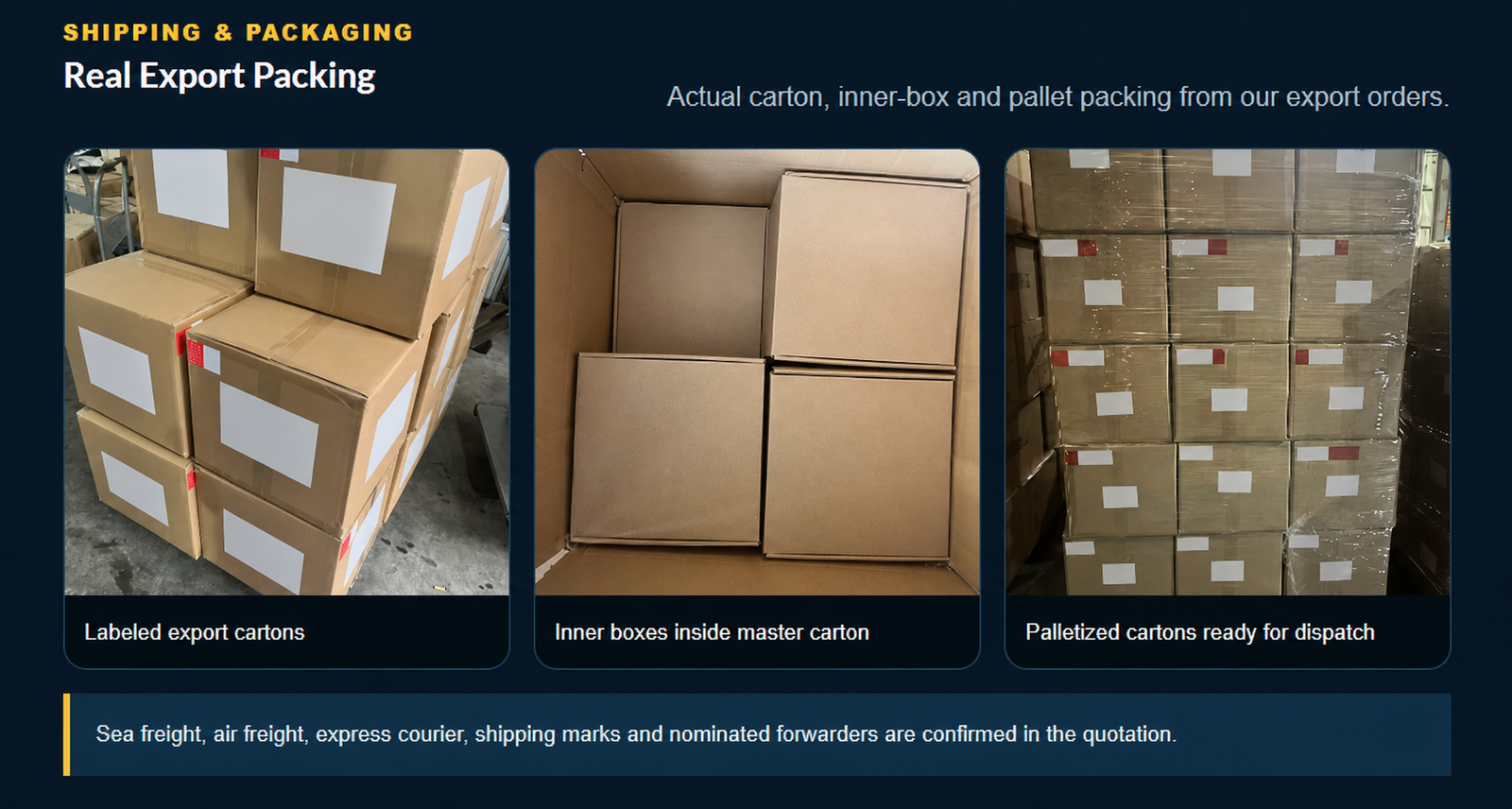 Anonymized export carton inner box and pallet packaging examples