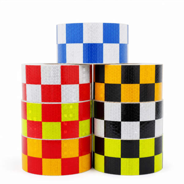 Multicolor checkerboard reflective warning tape rolls