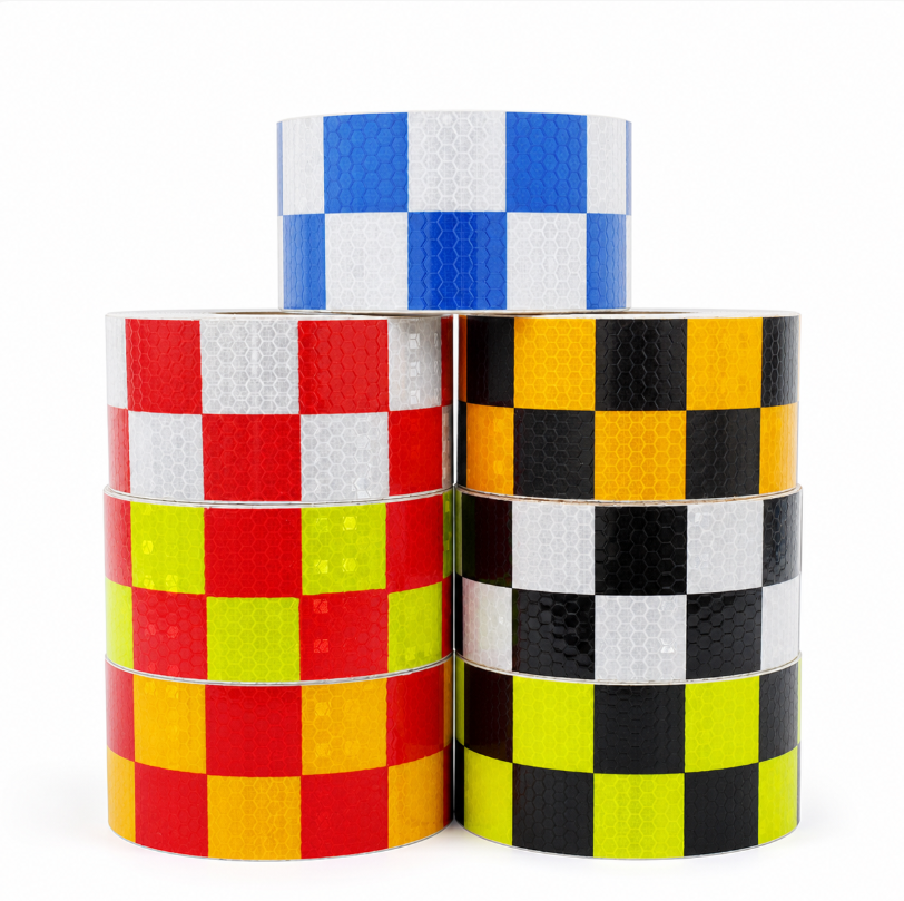 Multicolor checkerboard reflective warning tape rolls