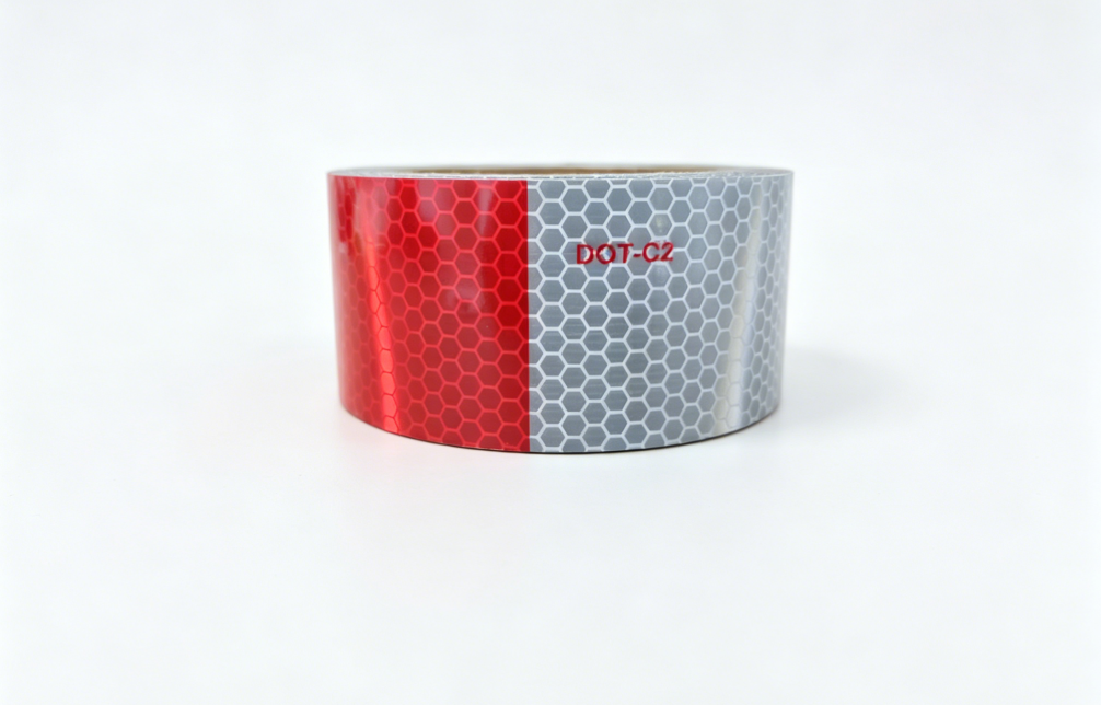 Metallized red and white DOT-C2 reflective conspicuity tape roll