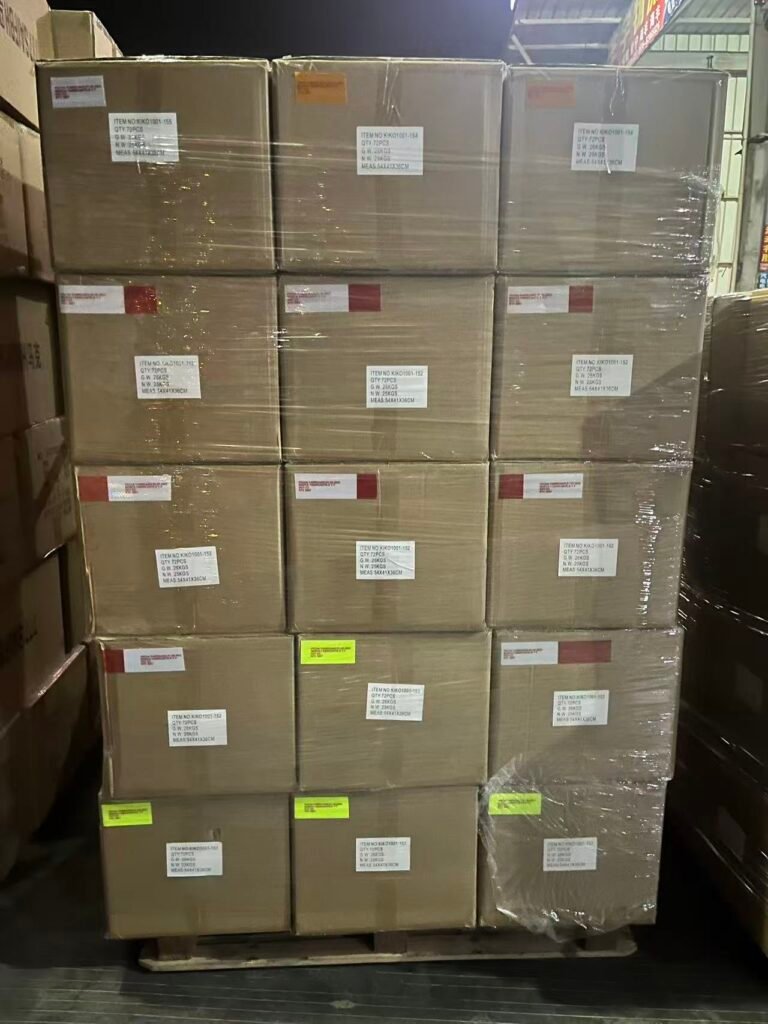 Palletized export cartons wrapped and staged for dispatch