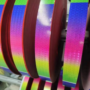 Rainbow reflective tape rolls in production stock