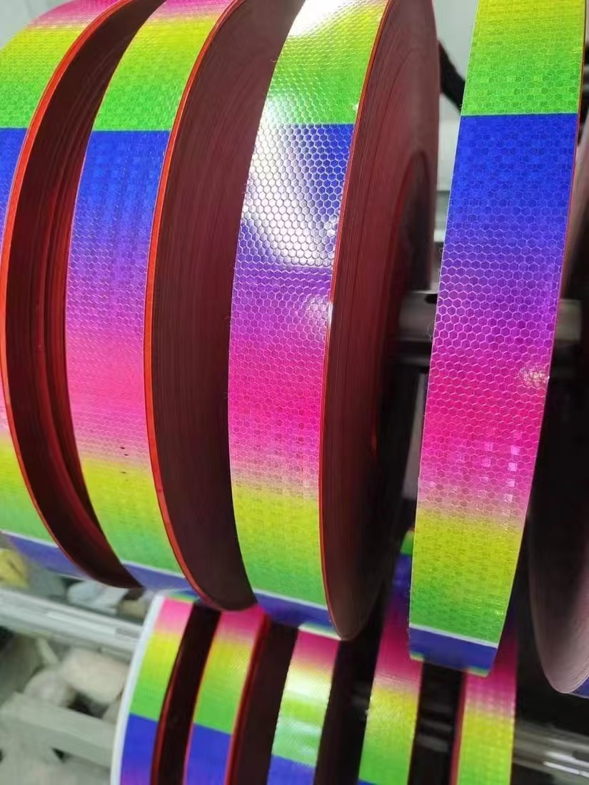 Rainbow reflective tape rolls in production stock