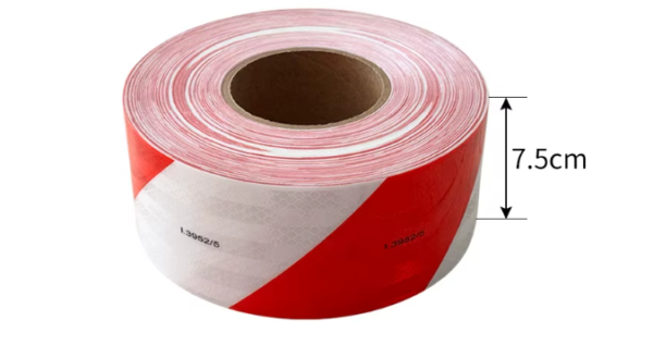 Red and white prismatic reflective tape width reference