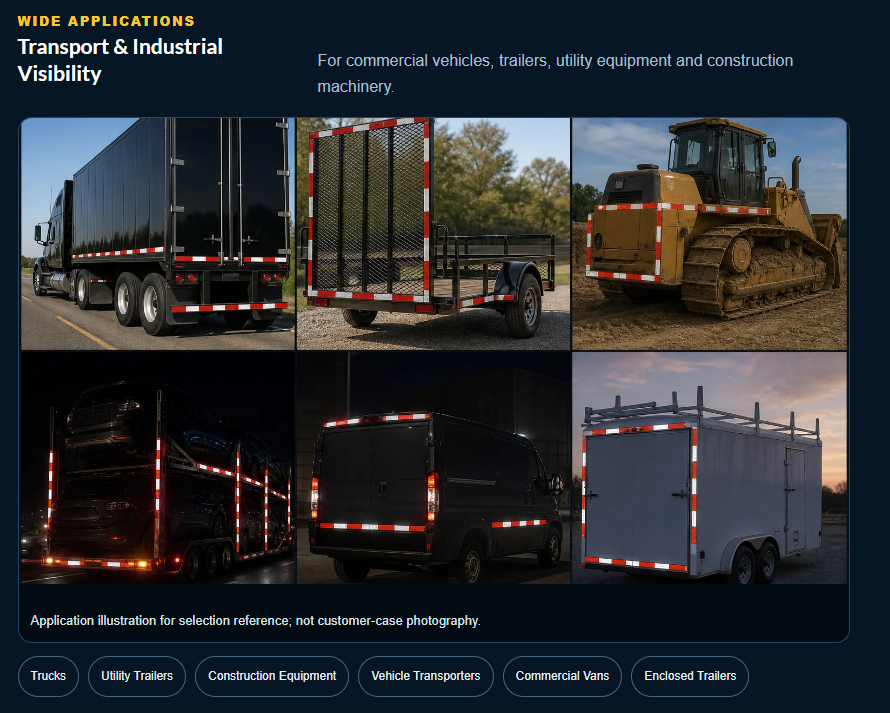 Illustrative reflective tape applications on trucks trailers and equipment