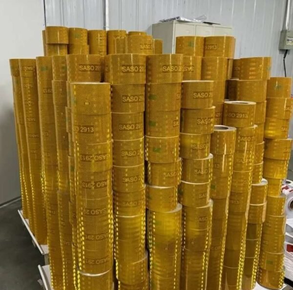 Finished yellow reflective tape rolls with printed SASO 2913 identification