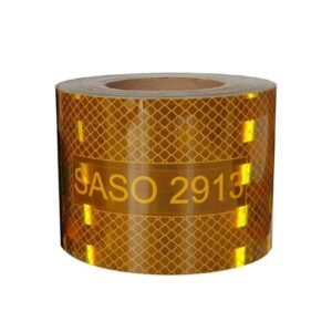 Close-up of yellow reflective tape roll and printed identification
