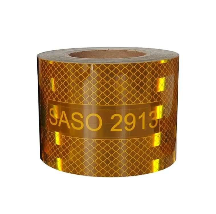 Close-up of yellow reflective tape roll and printed identification