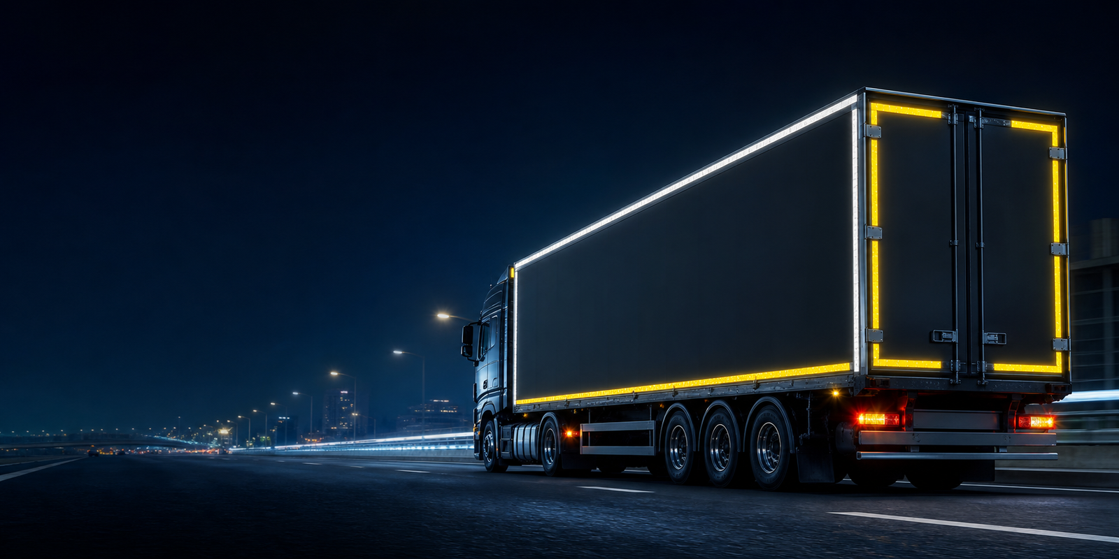 Cargo truck outlined with yellow and white reflective safety tape at night