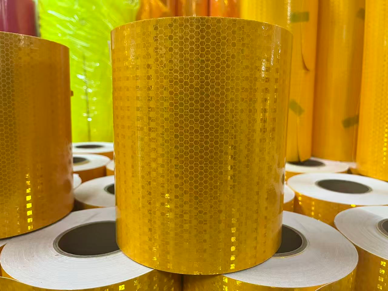 Large yellow prismatic reflective warning tape roll