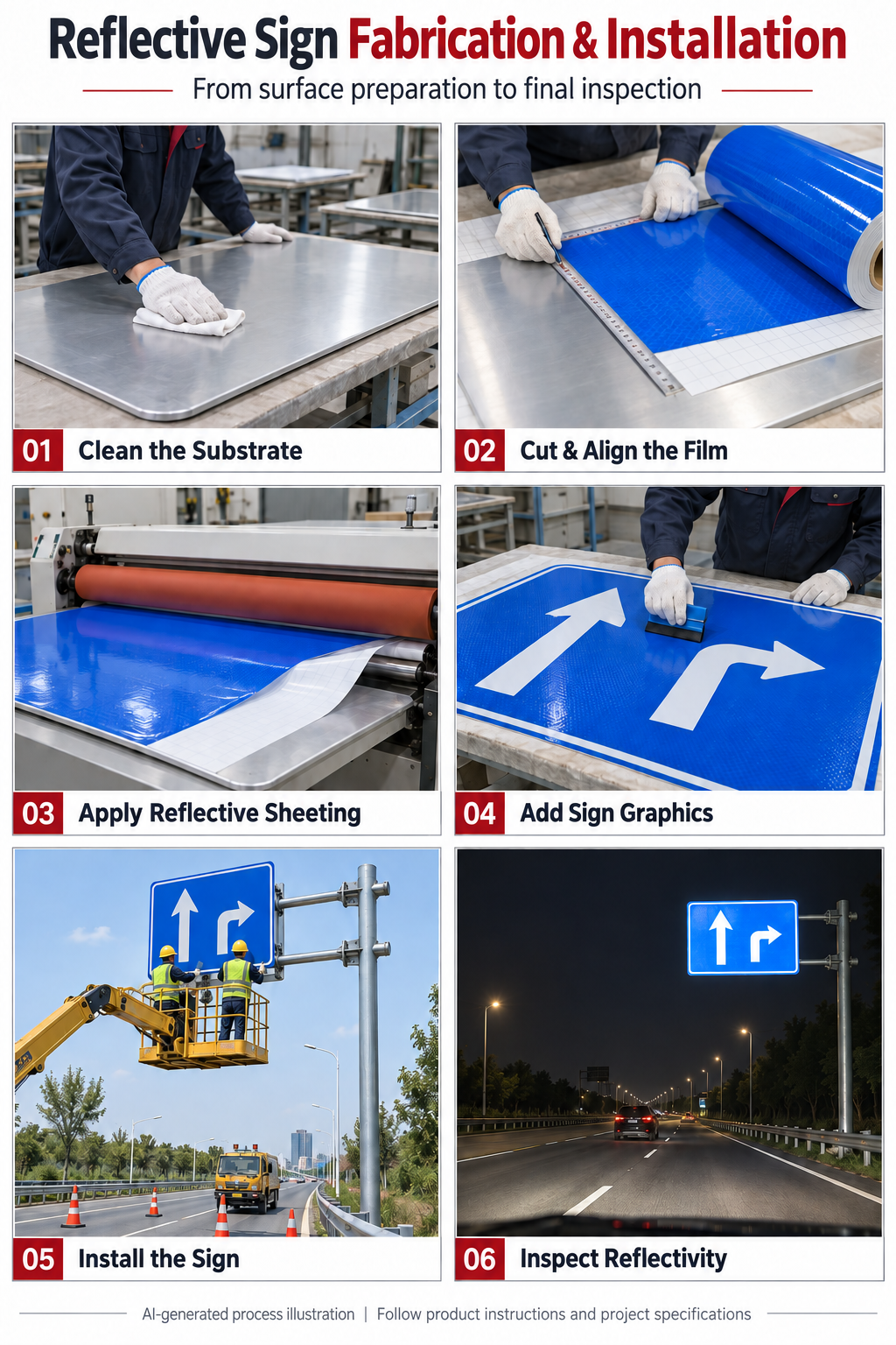 Six-step illustration of reflective sign fabrication and installation, from cleaning an aluminum blank to checking nighttime reflectivity.