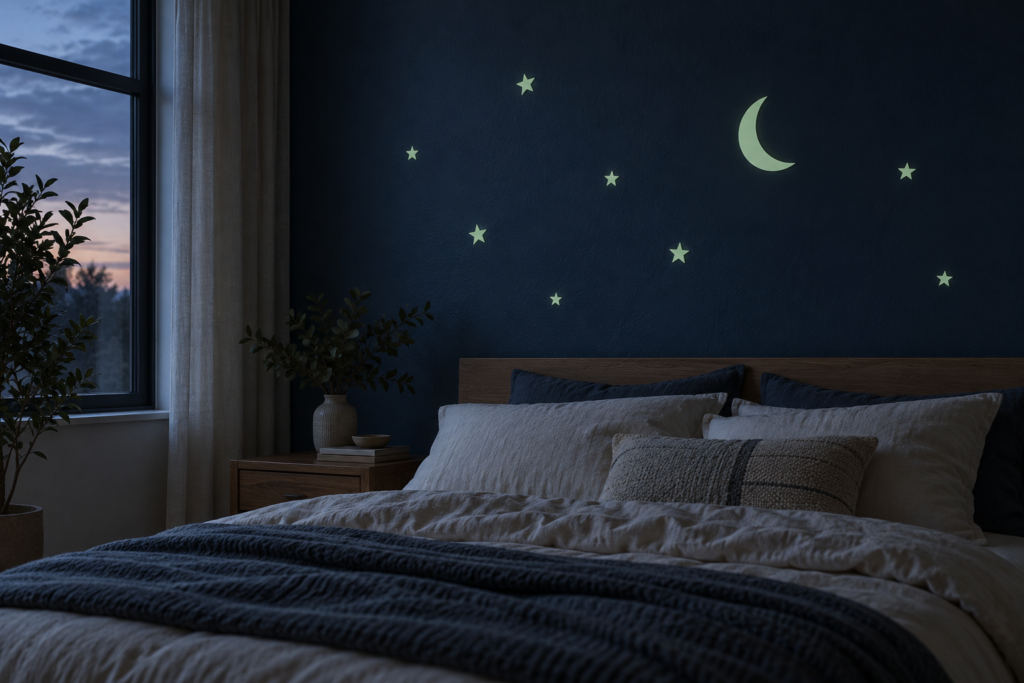 AI-generated bedroom illustration with flat luminous star and crescent wall decals