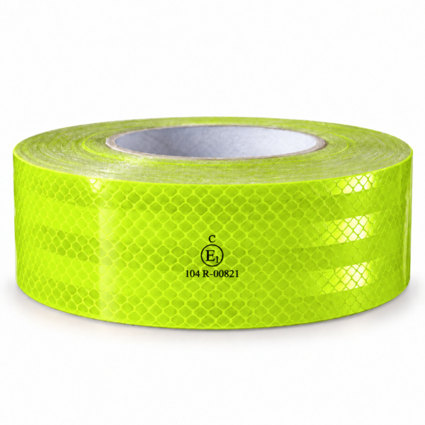 fluorescent green ECE reflective tape roll with visible surface pattern and printed markings