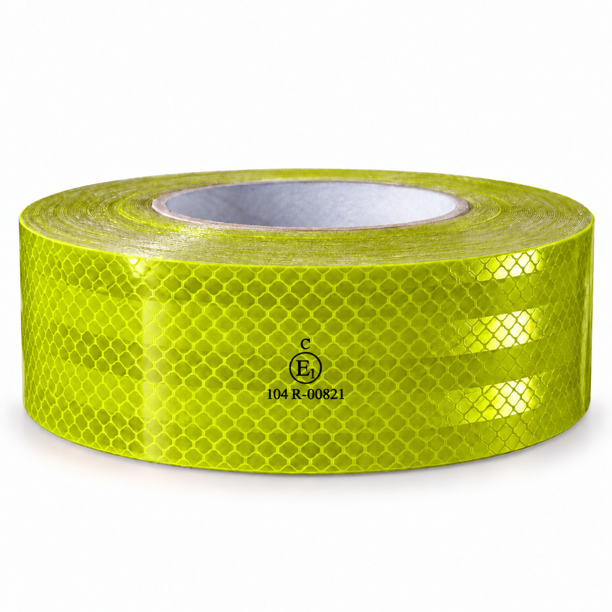 fluorescent yellow ECE reflective tape roll with visible surface pattern and printed markings