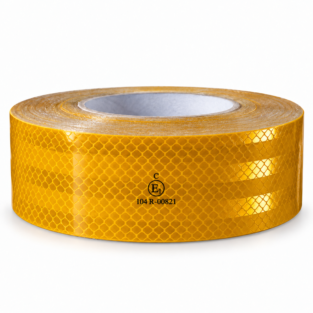 golden yellow ECE reflective tape roll with visible surface pattern and printed markings