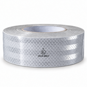 white ECE reflective tape roll with visible surface pattern and printed markings
