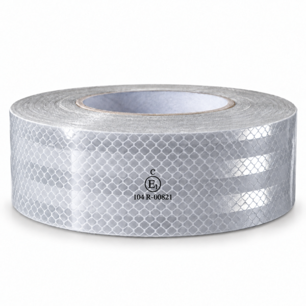 white ECE reflective tape roll with visible surface pattern and printed markings