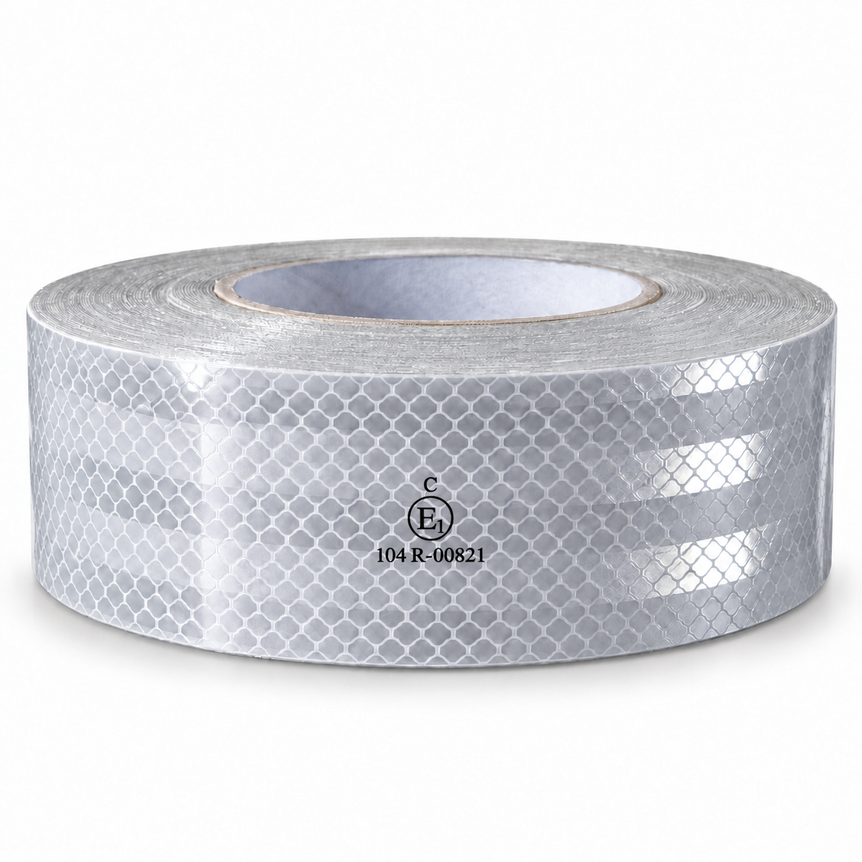 white ECE reflective tape roll with visible surface pattern and printed markings