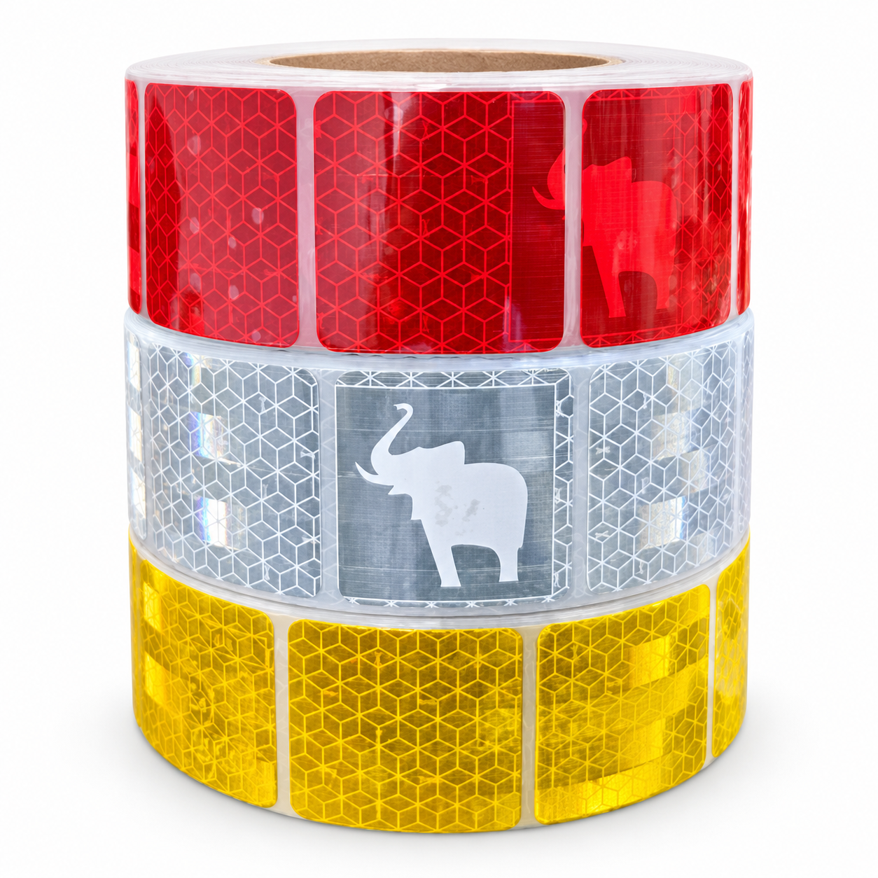 Stacked red, silver white and yellow elephant reflective tape rolls