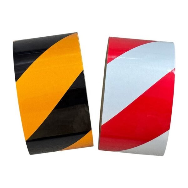 Yellow and black and red and white diagonal reflective warning tape samples