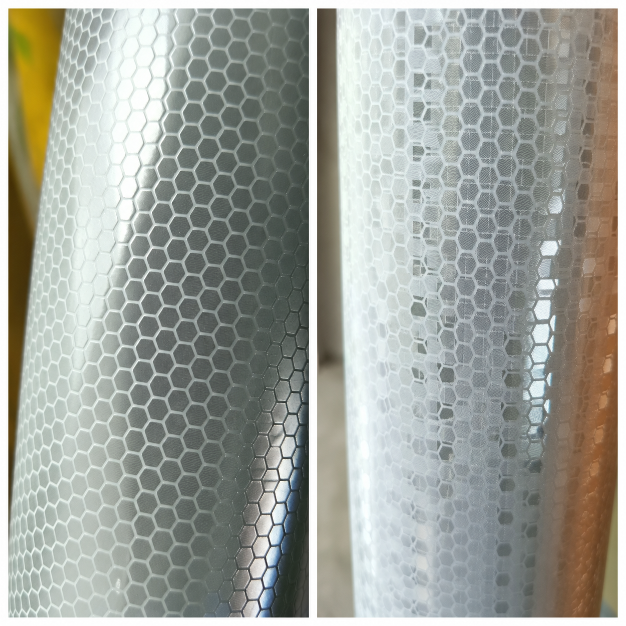 Side-by-side comparison of two silver-white PVC honeycomb reflective film surfaces supplied by Xingyuan