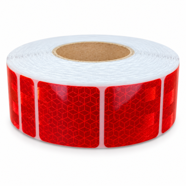 Red aluminized PET reflective tape roll with geometric surface pattern