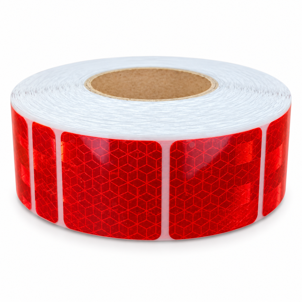Red aluminized PET reflective tape roll with geometric surface pattern