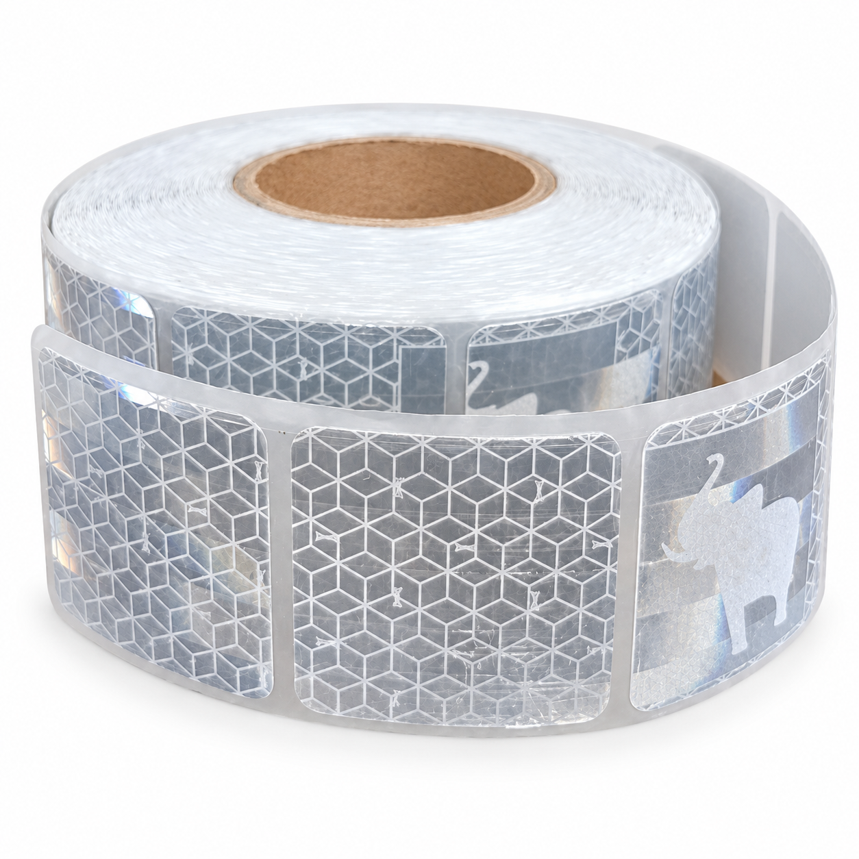 Silver white reflective tape partially unrolled to show elephant-pattern panels