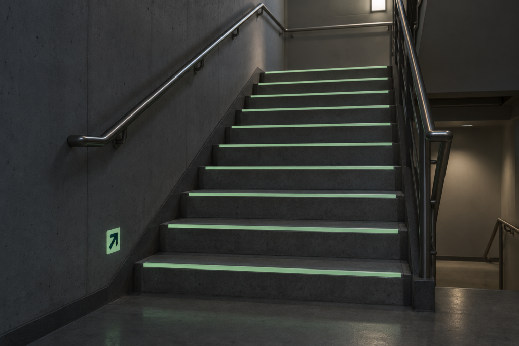 AI-generated illustration of pale green luminous strips marking indoor stair edges