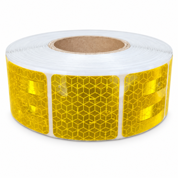 Yellow aluminized PET reflective tape roll with a geometric elephant pattern on a white background