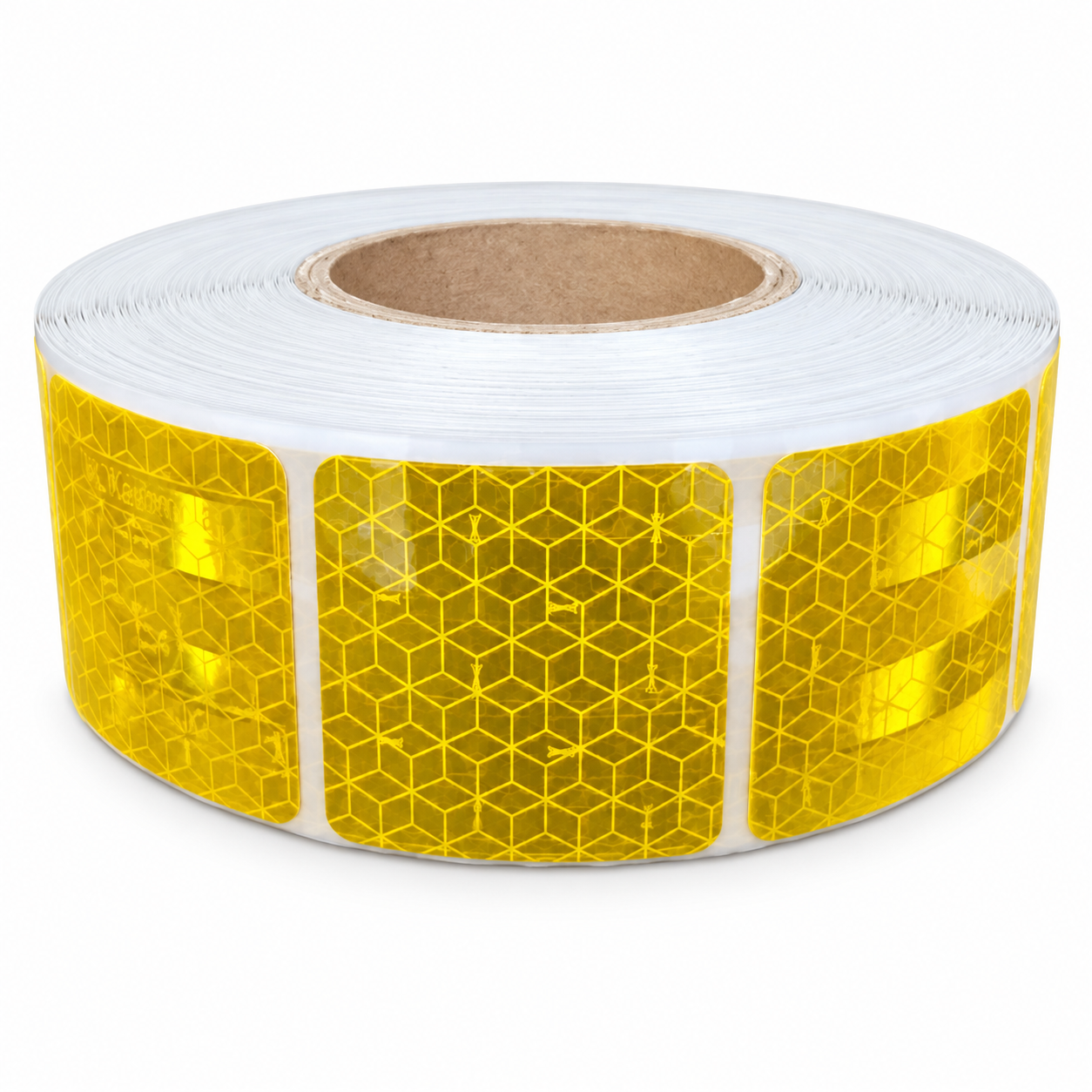 Yellow aluminized PET reflective tape roll with a geometric elephant pattern on a white background