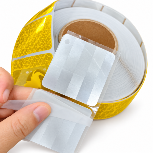 Close-up of the peeled release liner and backing on yellow elephant reflective tape