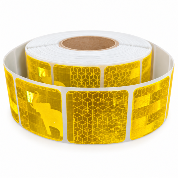 Yellow reflective tape partially unrolled to show repeating elephant and geometric panels
