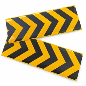 Yellow and black custom PET reflective arrow stickers on a white background