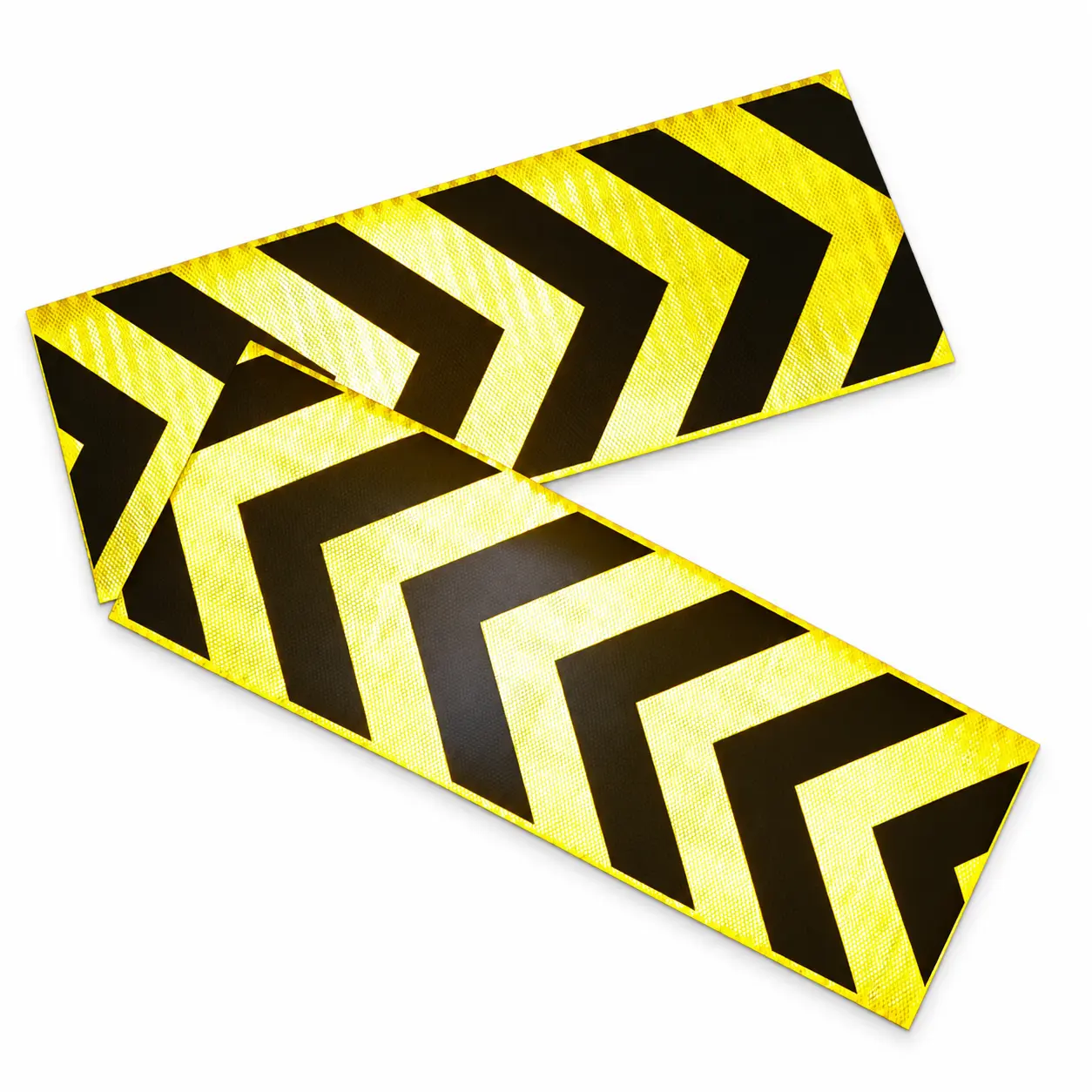 Overlapping yellow and black reflective arrow stickers under incident light