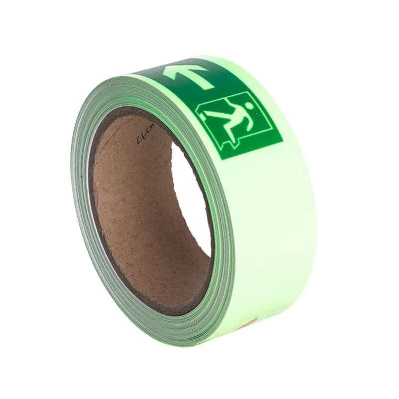 Upright luminous tape roll with arrow and running-person symbol