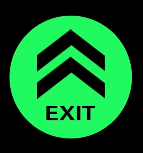 Circular exit graphic with double-chevron symbol