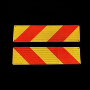 Horizontal pair of rigid red and yellow reflective vehicle marker panels
