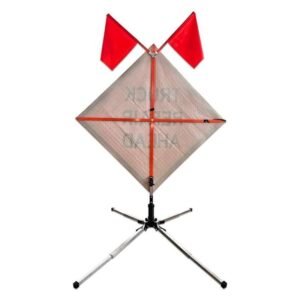 Rear view of roll-up warning sign with support ribs, flags and folding stand