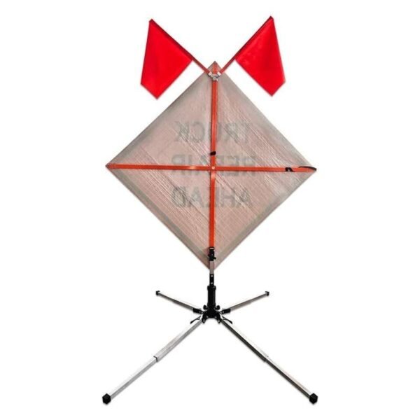 Rear view of roll-up warning sign with support ribs, flags and folding stand